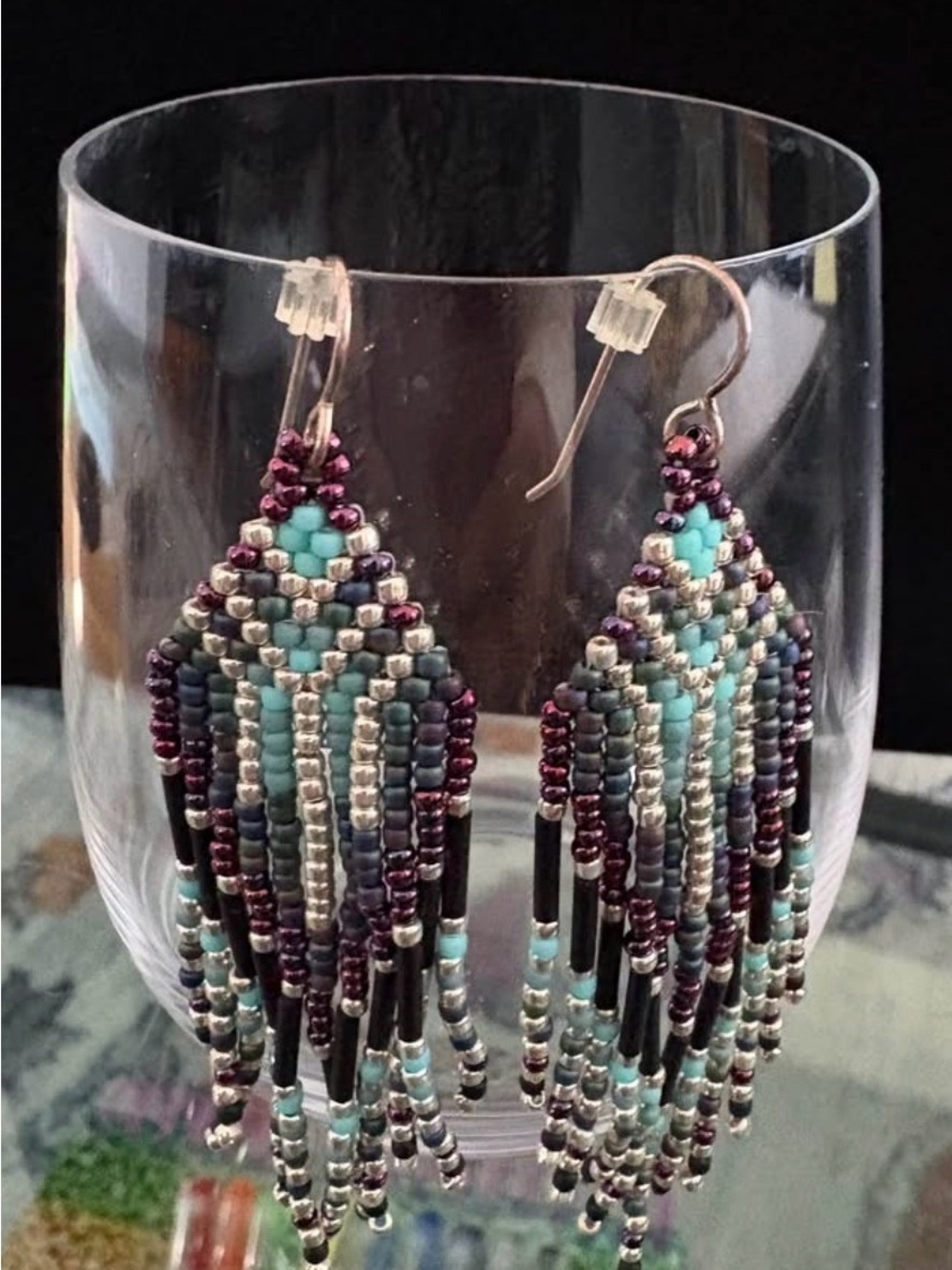 Handmade Beaded Fringe Earrings - Teal, Silver & Purple - Picture 2 of 4